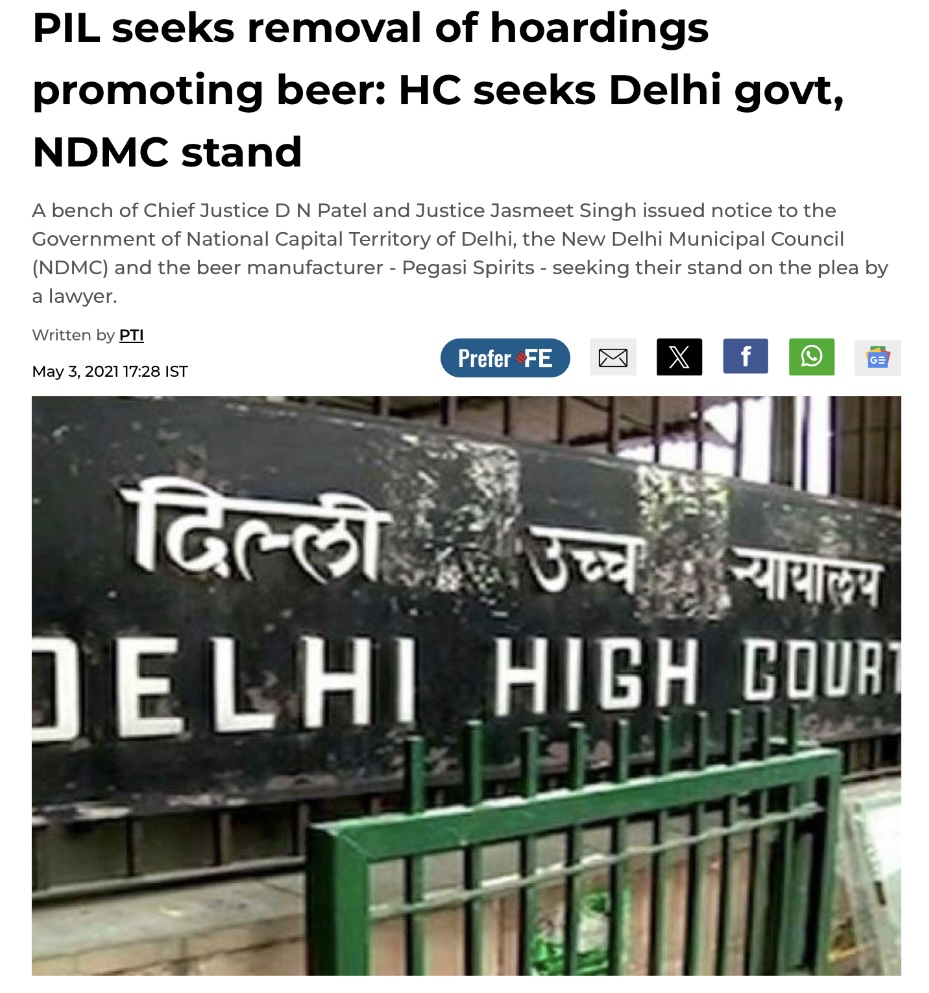PIL seeks removal of hoardings promoting beer; HC seeks Delhi Govt, NDMC stand