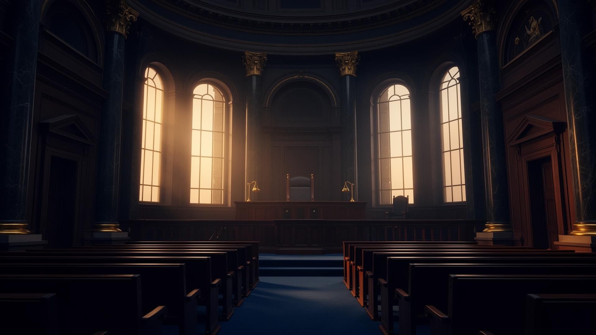 Empty grand courtroom interior with golden light