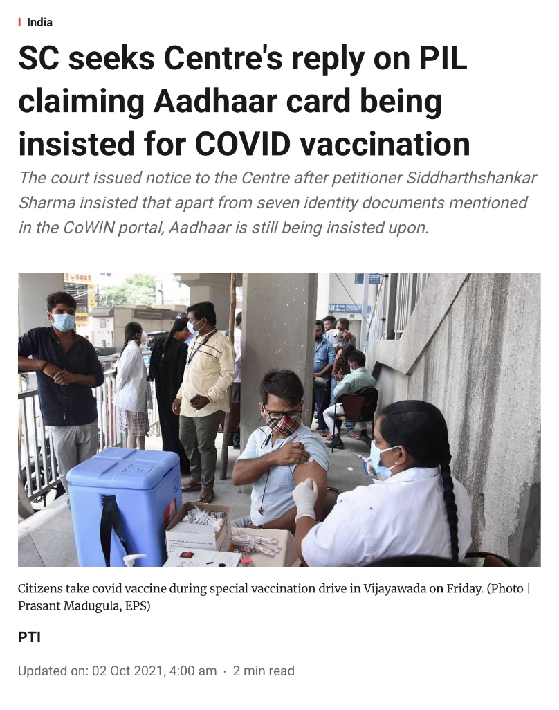 SC seeks Centre's reply on PIL claiming Aadhaar being insisted for COVID vaccination